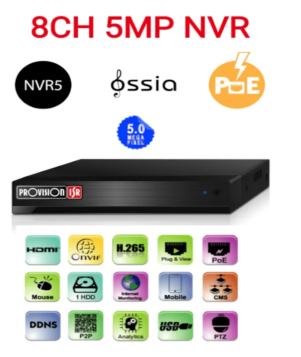 מערכת הקלטה לשמונה מצלמות Provision 5mp NVR5-8200PX POE